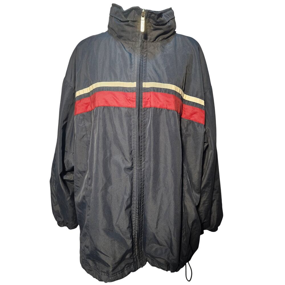 Tek Gear Windbreaker Jacket Zip Out Hood Mens M Navy Red Cream Stripe Lined